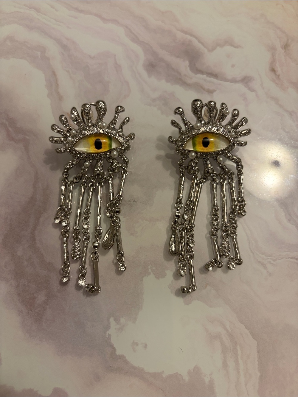 Statement Silver Eye Dangle Earrings with Yellow Accent